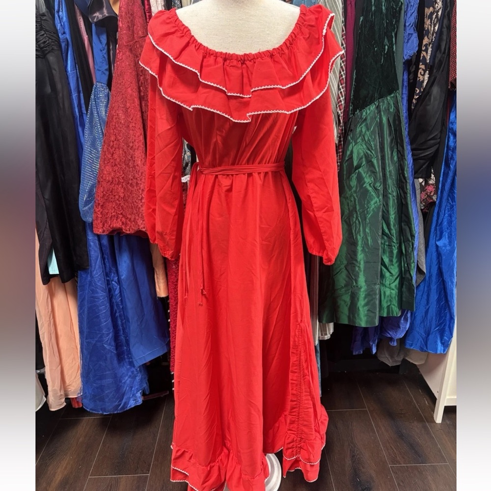 Vintage 70s Red Ruffle Dress Western / Prairie / Folklore Rue Rodeo - Picture 6 of 11